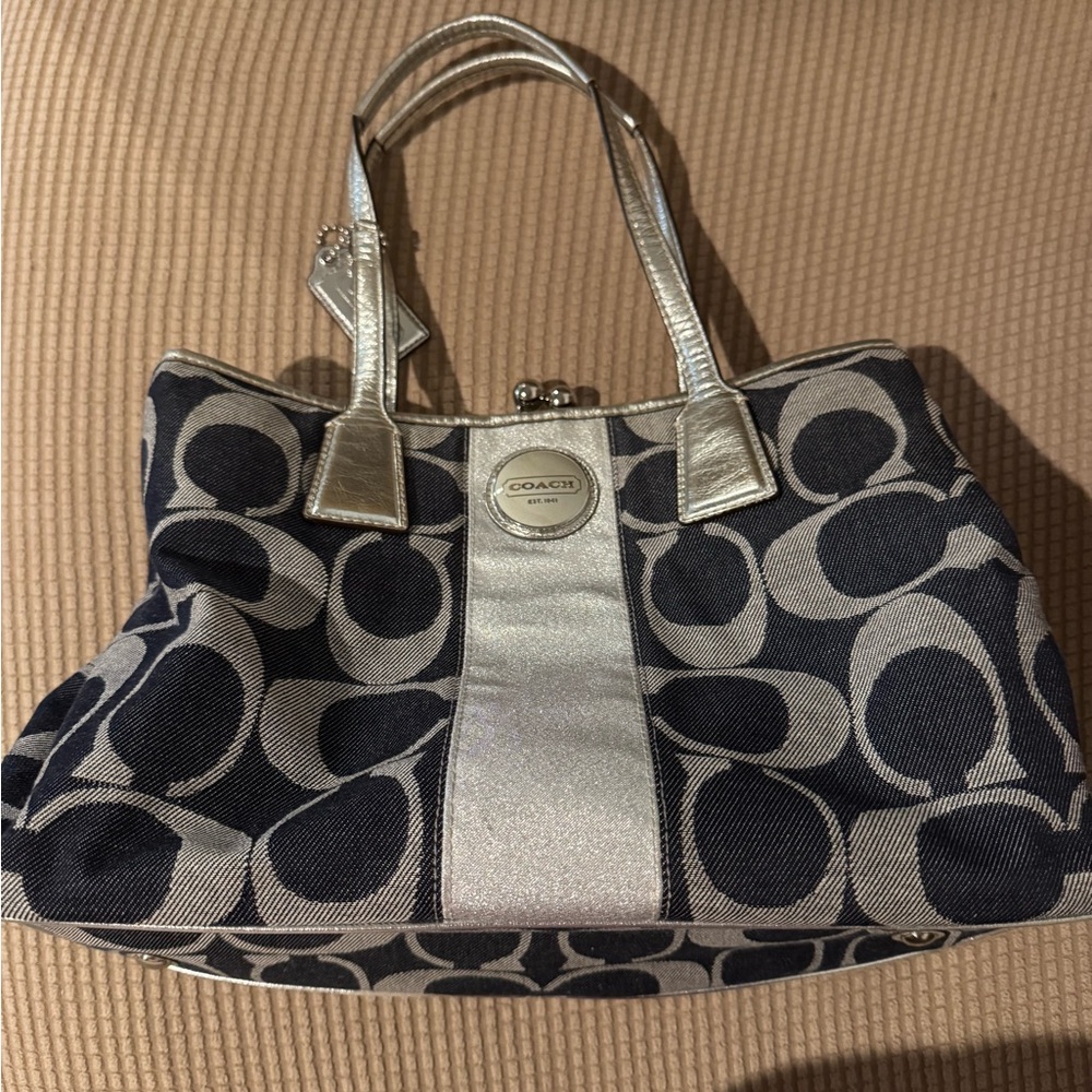 NWOT Coach Signature Stripe Denim and Silver Handbag. Perfect condition
